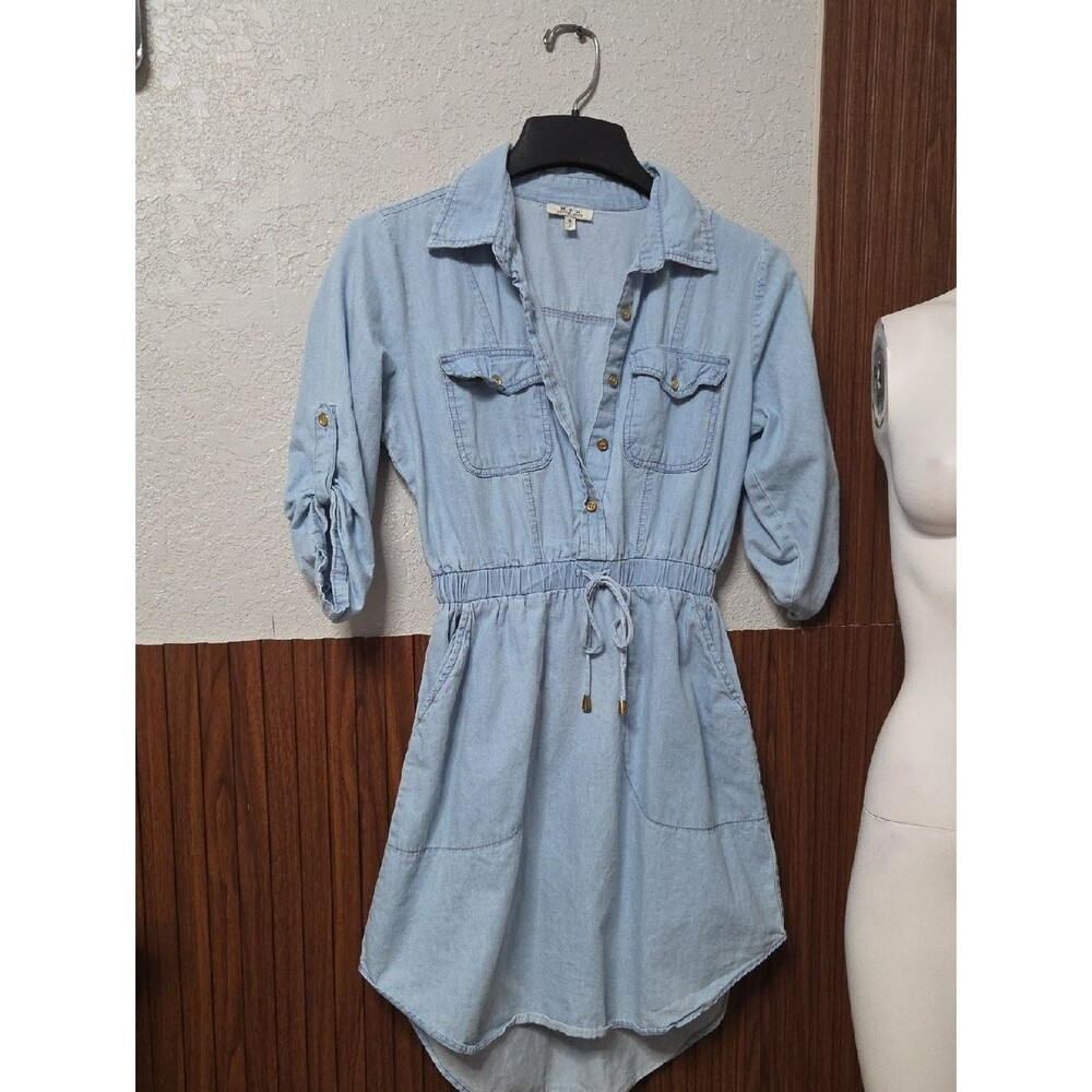 Light Blue Denim High-Low Shirt Dress with Drawstring Waist P2p 18 In.